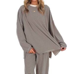 NEW THINGS BETWEEN well defined stripe fleece oversized top in brown